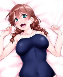 Rule 34 | 1girl, :d, bare arms, bare shoulders, bed sheet, blue eyes, blue one-piece swimsuit, blush, braid, breasts, brown hair, covered navel, emma verde, highres, large breasts, long hair, looking at viewer, love live!, love live! nijigasaki high school idol club, love live! school idol festival, love live! school idol festival all stars, lying, on back, on bed, one-piece swimsuit, open mouth, school swimsuit, smile, solo, swimsuit, teeth, twin braids, upper body, upper teeth only, yopparai oni