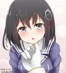 Rule 34 | 1girl, black hair, blush, breasts, crying, crying with eyes open, dated, gloves, grabbing another&#039;s chin, gradient background, haguro (kancolle), hair ornament, hand on another&#039;s chin, highres, jacket, kantai collection, large breasts, long sleeves, looking at viewer, medium hair, nuka (nvkka), one-hour drawing challenge, open mouth, purple eyes, purple jacket, school uniform, serafuku, tears, white gloves