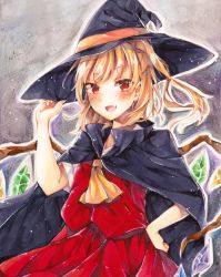 Rule 34 | 1girl, :d, ascot, black cape, black hat, blonde hair, blush, cape, fang, flandre scarlet, floating hair, hand on own hip, hat, hat ribbon, highres, imoko hyp, long hair, looking at viewer, open mouth, orange ribbon, red eyes, red skirt, ribbon, short sleeves, side ponytail, skirt, smile, solo, standing, touhou, traditional media, watercolor pencil (medium), witch, witch hat, yellow ascot
