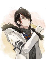 Rule 34 | 1boy, alcohol, arknights, black hair, brown-framed eyewear, brown eyes, champagne, champagne flute, cup, drinking, drinking glass, e-bushi, fur-trimmed hood, fur-trimmed sleeves, fur trim, glasses, gloves, gnosis (arknights), grey sweater, holding, holding cup, hood, hood down, hooded jacket, jacket, long sleeves, male focus, multicolored hair, open clothes, open jacket, red hair, semi-rimless eyewear, solo, streaked hair, sweater, turtleneck, turtleneck sweater, under-rim eyewear, upper body, white gloves, white jacket