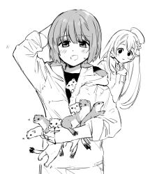 Rule 34 | 2girls, ahoge, alternate costume, animal, animal in clothes, aoba chika, arm behind back, blood, blood on hands, blush, drawstring, greyscale, highres, holding, holding animal, hood, hood down, hooded jacket, hoodie, injury, jacket, jewelry, long hair, looking at another, magia record: mahou shoujo madoka magica gaiden, mahou shoujo madoka magica, miura asahi, monochrome, multiple girls, open mouth, partially unzipped, ring, short hair, sleeves rolled up, smile, sweat, swept bangs, too many, too many weasels, upper body, weasel, yukishiro (hitsuji)