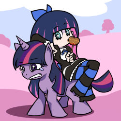 Rule 34 | 1girl, apple, bow, candy apple, carrying, color connection, colored inner hair, crossed legs, crossover, food, fruit, hair bow, heavy, horns, horse, long hair, look-alike, multicolored hair, my little pony, my little pony: friendship is magic, osakaqcvow, panty &amp; stocking with garterbelt, parody, pony (animal), purple eyes, sidelocks, simple background, single horn, sitting, stocking (psg), striped clothes, striped thighhighs, tears, thighhighs, twilight sparkle, two-tone hair, unicorn