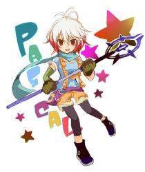 Rule 34 | 1girl, bad id, bad pixiv id, blue shirt, character name, gloves, leggings, multicolored hair, nagase (pixel), pascal (tales), scarf, shirt, smile, solo, staff, tales of (series), tales of graces, yellow eyes
