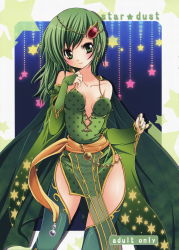Rule 34 | 1990s (style), 1girl, breasts, bridal gauntlets, cape, circlet, collarbone, earrings, elbow gloves, final fantasy, final fantasy iv, gem, gloves, green eyes, green gloves, green hair, green nails, green thighhighs, highres, jewelry, long hair, matching hair/eyes, nail polish, polka dot, retro artstyle, rydia (ff4), small breasts, smile, solo, star (symbol), star earrings, star print, thighhighs, yukiwo