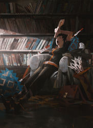 Rule 34 | 1girl, arm up, arrow (projectile), black shirt, black shorts, bookshelf, bow (weapon), breasts, chair, commentary, english commentary, closed eyes, highres, medium sleeves, on chair, open mouth, original, shirt, shorts, sitting, small breasts, solo, weapon, yawning, yun ling