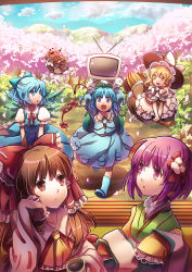 Rule 34 | 6+girls, apron, arms up, ascot, bad id, bad pixiv id, black hair, blonde hair, blue eyes, blue hair, blue sky, boots, bow, braid, broom, broom riding, brown eyes, brown hair, bush, camera, carrying, cherry blossoms, cirno, cup, day, detached sleeves, dress, flower, gap (touhou), hair bobbles, hair bow, hair flower, hair ornament, hair ribbon, hair tubes, hakurei reimu, hat, hat bow, hieda no akyuu, highres, hill, holding, japanese clothes, kawashiro nitori, kimono, kirisame marisa, lace, long hair, looking at another, miko, multiple girls, o/, open mouth, outstretched arms, petals, pouch, purple eyes, purple hair, ribbon, running, scroll, shameimaru aya, shirt, short hair, skirt, sky, smile, suou sakura, television, tokin hat, touhou, tree, twintails, two side up, waist apron, wings, witch, witch hat, yellow eyes
