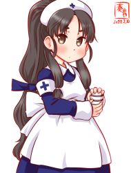 Rule 34 | 1girl, alternate costume, apron, armband, artist logo, black hair, blue dress, brown eyes, commentary request, cross, dated, dress, glass, hat, high ponytail, kanon (kurogane knights), kantai collection, long hair, looking at viewer, multi-tied hair, nisshin (kancolle), nurse, nurse cap, one-hour drawing challenge, short eyebrows, simple background, solo, standing, thick eyebrows, very long hair, white apron, white background, white hat