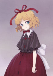 Rule 34 | 1girl, blonde hair, blue eyes, bow, bowtie, curly hair, dress, dress bow, frilled shirt collar, frills, gradient background, grey shirt, hair bow, highres, looking to the side, marker (medium), medicine melancholy, medium hair, parted bangs, puffy sleeves, purple background, red bow, red bowtie, red dress, shiratama (hockey), shirt, smile, solo, touhou, traditional media, white bow