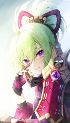 Rule 34 | 1girl, armor, black gloves, closed mouth, fingerless gloves, genshin impact, gloves, green hair, hair between eyes, hair ornament, highres, kuki shinobu, looking at viewer, multicolored clothes, multicolored gloves, nail polish, pistachiocream, ponytail, purple eyes, purple gloves, purple nails, smile, solo, upper body