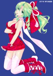 Rule 34 | 1girl, adjusting dress, alternate costume, arm under breasts, bare arms, bare shoulders, blue background, boots, bow, bra, breasts, cleavage, dress, final fantasy, final fantasy vi, fingerless gloves, floral print, full body, garter straps, gloves, green eyes, green hair, hair bow, hair ribbon, highres, kneeling, mario kaneda, medium breasts, parted bangs, parted lips, pink legwear, pink scarf, ponytail, red bra, red dress, red footwear, redrawn, ribbon, scarf, short hair, sidelocks, solo, strapless, strapless dress, tina branford, tube dress, underwear, wavy hair