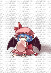 Rule 34 | 1girl, absurdres, bat wings, blue hair, chibi, eating, fang, food, frilled shirt, frilled shirt collar, frilled sleeves, frills, ham, hat, hat ribbon, highres, looking at viewer, mirukuro092, mob cap, pointy ears, red eyes, remilia scarlet, ribbon, shirt, short hair, sitting, solo, touhou, translated, vampire, white background, wings
