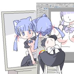 Rule 34 | 1girl, animal ears, bandaid, bandaids on nipples, black skirt, blue bow, blue bowtie, blue eyes, blue hair, bow, bowtie, breasts, cat ears, commentary request, drawing (action), fine art parody, flat chest, hair ribbon, large breasts, lokulo-chan (lokulo no mawashimono), lokulo no mawashimono, lowres, mirror, original, parody, pasties, ribbon, shrug (clothing), sitting, skirt, solo, stool, triple self-portrait (norman rockwell), twintails