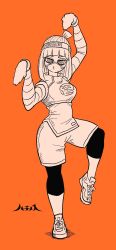Rule 34 | 1girl, arms (game), beanie, bob cut, crane stance, domino mask, fighting stance, hachinos ssb, hat, highres, pantyhose under shorts, mask, min min (arms), monochrome, orange background, pantyhose, shoes, short hair, shorts, sneakers, solo, standing, standing on one leg