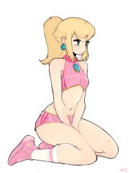 Rule 34 | 1girl, bare shoulders, between legs, between thighs, blonde hair, blue eyes, breasts, brooch, earrings, female focus, from side, full body, hand between legs, highres, jewelry, kneeling, legs together, lips, mario (series), mario tennis, mythrunadraw, navel, nintendo, parted lips, pink footwear, pink shorts, ponytail, princess peach, profile, shoes, short hair, short shorts, shorts, signature, simple background, skindentation, sleeveless, small breasts, sneakers, socks, solo, sphere earrings, sports bra, sportswear, sweat, white background, white socks