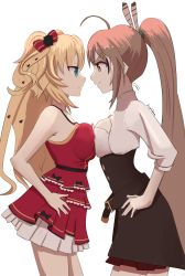 Rule 34 | &gt;:), 2girls, absurdres, ahoge, akai haato, akai haato (gothic lolita), angelchama, blonde hair, blue eyes, bow, breast press, breasts, brown eyes, brown hair, commentary, dress, eye contact, feather hair ornament, feathers, frilled dress, frills, hair bow, hair ornament, hands on own hips, heart, heart hair ornament, highres, hololive, hololive english, large breasts, looking at another, miniskirt, multiple girls, nanashi mumei, ponytail, red dress, short dress, signature, skirt, smile, symmetrical docking, two side up, v-shaped eyebrows, virtual youtuber