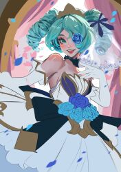 Rule 34 | 1girl, :d, alternate hairstyle, bare shoulders, black ribbon, breasts, crown, dress, drill hair, elbow gloves, flower, flower over eye, gloves, green eyes, green hair, gwen (league of legends), hair ribbon, hand up, hele bun, highres, large breasts, league of legends, multicolored background, open mouth, petals, prestige crystal rose gwen, ribbon, smile, solo, teeth, twin drills, upper teeth only, veil, white dress, white gloves