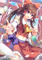 Rule 34 | 1girl, :d, adapted costume, bow, brown hair, cowboy shot, crop top, day, detached sleeves, floating hair, flower, hair bow, hair ornament, hakurei reimu, hitsuki rei, long hair, looking at viewer, midriff, navel, open mouth, pink flower, purple eyes, red bow, red shirt, red skirt, shide, shirt, sidelocks, skirt, sleeveless, sleeveless shirt, smile, solo, standing, stomach, torii, touhou