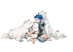 Rule 34 | 1boy, 3others, animal, blue hair, bodysuit, bodysuit under clothes, bracelet, child, crossed legs, cu chulainn (fate), dog, earrings, fate/grand order, fate/grand order arcade, fate (series), guttia, holding, holding animal, jewelry, long hair, long sleeves, multiple others, petting, puppy, red eyes, setanta (fate), simple background, sitting, white background, white wolf, wolf