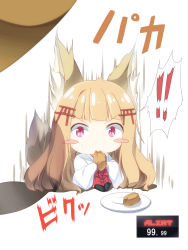 Rule 34 | !, !!, &gt;:&gt;, 1girl, :&gt;, animal ears, blonde hair, blunt bangs, blush stickers, chibi, commentary request, da-mii, eating, food, food in mouth, fox ears, fox tail, highres, long hair, looking at viewer, oshiro project:re, pink eyes, plate, senko (oshiro project), simple background, sitting, solo, surprised, tail, tofu, torii hair ornament, v-shaped eyebrows, white background