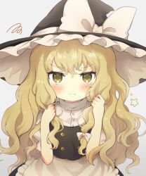 Rule 34 | 1girl, :t, absurdres, bad id, bad pixiv id, blonde hair, blush, grey background, hat, highres, holding, holding own hair, kirisame marisa, long hair, looking at viewer, pout, sasami (shiroi fuwafuwa), simple background, solo, squiggle, star (symbol), tearing up, touhou, upper body, v-shaped eyebrows, very long hair, witch hat, yellow eyes