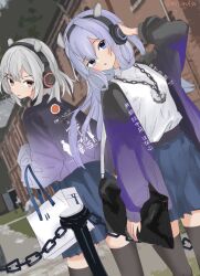 Rule 34 | 2girls, anchor necklace, back-to-back, bag, black thighhighs, blue eyes, blue hair, blue skirt, chain, collared shirt, dress shirt, dutch angle, fake horns, feet out of frame, grey eyes, grey hair, hair rings, happi, headphones, highres, horned headwear, horns, i-201 (kancolle), i-203 (kancolle), japanese clothes, jewelry, kantai collection, light blue hair, long hair, low twintails, miron (mirona33), multiple girls, necklace, official alternate costume, pleated skirt, purple happi, shirt, shopping bag, skirt, thighhighs, twintails, white shirt