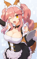 Rule 34 | 10s, 1girl, ;3, ;d, agsen, animal ears, apron, black skirt, breasts, cleavage, collarbone, corset, cowboy shot, detached sleeves, fate/extella, fate/extra, fate (series), fox ears, fox tail, frilled apron, frills, hair between eyes, hair flaps, large breasts, long hair, looking at viewer, maid, maid headdress, official alternate costume, one eye closed, open mouth, pink hair, skirt, smile, solo, tail, tamamo (fate), tamamo no mae (fate/extra), tamamo no mae (tailmaid strike) (fate), tsurime, twintails, waist apron, yellow eyes