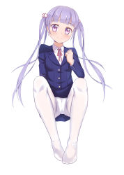 Rule 34 | 10s, 1girl, blush, breasts, caibao return, highres, long hair, looking at viewer, new game!, panties, panties under pantyhose, pantyhose, pantyshot, purple eyes, purple hair, small breasts, smile, solo, suzukaze aoba, twintails, underwear, white pantyhose