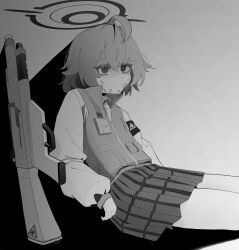 Rule 34 | 1girl, absurdres, against wall, ahoge, arms at sides, bandaid, bandaid on face, blank eyes, blank stare, blue archive, bruise, collared vest, cowboy shot, from side, greyscale, gun, haesanmulkeikeu, halo, highres, hoshino (blue archive), hoshino (young) (blue archive), injury, long sleeves, miniskirt, monochrome, plaid, plaid skirt, pleated skirt, shadow, shirt, short hair, shotgun, sidelocks, sitting, skirt, solo, vest, weapon