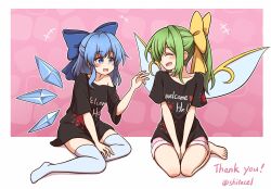 Rule 34 | 2girls, between legs, black shirt, blue eyes, blue hair, bow, cirno, commentary request, commission, daiyousei, fairy wings, green hair, hair bow, hand between legs, highres, ice, ice wings, medium hair, multiple girls, off-shoulder shirt, off shoulder, ponytail, shirt, shitacemayo, sidelocks, sitting, skeb commission, t-shirt, thighhighs, touhou, twitter username, white thighhighs, wings, yokozuwari