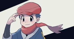 Rule 34 | 1boy, black eyes, black hair, black shirt, closed mouth, commentary request, creatures (company), floating scarf, game freak, grey jacket, hand on headwear, hand up, hat, jacket, logo, looking at viewer, male focus, nintendo, pokemon, pokemon legends: arceus, red hat, red scarf, rei (pokemon), sana (37pisana), scarf, shirt, short hair, smile, solo, upper body