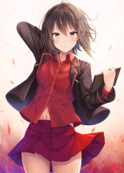 Rule 34 | 1girl, ahoge, akashio (loli ace), arm behind head, arm up, black coat, black hair, blush, brown eyes, buttons, closed mouth, coat, collared shirt, commentary request, cowboy shot, dress shirt, girls und panzer, gradient background, highres, holding, long sleeves, looking at viewer, miniskirt, navel, nishizumi maho, open clothes, open coat, partially unbuttoned, petals, pleated skirt, red shirt, red skirt, shirt, short hair, skirt, solo, wing collar