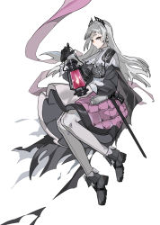 Rule 34 | 1girl, ankle boots, arknights, black footwear, black gloves, boots, closed mouth, earrings, expressionless, front-seamed legwear, full body, gloves, grey eyes, grey hair, gun, hair ornament, highres, holding, holding lantern, irene (arknights), jewelry, lantern, layered skirt, long hair, long sleeves, pantyhose, puffy long sleeves, puffy sleeves, purple skirt, scar, scar across eye, scar on face, seamed legwear, sheath, sheathed, skirt, solo, sword, weapon, white pantyhose, white skirt, wusebuhui