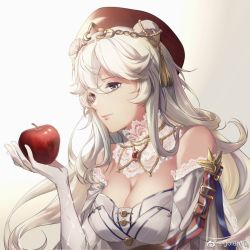 Rule 34 | 1girl, animal ears, apple, arknights, artist name, bare shoulders, bear ears, blue eyes, breasts, cleavage, detached collar, dress, elbow gloves, food, fruit, gloves, golemc, heterochromia, holding, holding food, holding fruit, jewelry, lace, lace-trimmed sleeves, lace trim, large breasts, long hair, looking at object, necklace, official alternate costume, parted lips, red eyes, red headwear, rosa (arknights), rosa (masterpiece) (arknights), silver hair, simple background, smile, solo, strapless, strapless dress, tassel, tiara, upper body, very long hair, weibo watermark, white background, white dress, white gloves