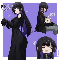 Rule 34 | 1girl, animal, animal on lap, black dress, black hair, blunt bangs, blush, bocchi the rock!, chibi, choker, closed eyes, closed mouth, colored inner hair, dark hound 3, dog, dress, goth fashion, highres, hime cut, long hair, looking at viewer, multicolored hair, on lap, open mouth, pa-san, piercing, purple hair, sleeves past wrists, smile, solo, sparkle