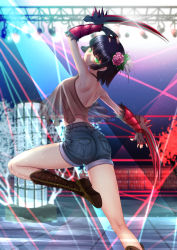 Rule 34 | 1girl, adsouto, arm up, artist name, black hair, blue shorts, blurry, blurry background, boots, breasts, casual, claw (weapon), denim, denim shorts, fingerless gloves, flower, from behind, gloves, glowing, glowing eyes, green eyes, hair flower, hair ornament, halterneck, hand on own head, highres, looking at viewer, looking back, medium breasts, miltiades malachite, nightclub, rwby, see-through, short hair, short shorts, shorts, solo, standing, standing on one leg, weapon