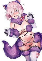 Rule 34 | &gt;:d, 1girl, :d, @ @, animal costume, animal ears, bare shoulders, black panties, bow, breasts, claw pose, claws, confused, detached collar, elbow gloves, embarrassed, eyebrows, eyes visible through hair, fang, fate/grand order, fate (series), furrowed brow, gloves, hair over one eye, halloween, halloween costume, halterneck, highres, lace, lace-trimmed legwear, lace trim, mash kyrielight, mash kyrielight (dangerous beast), medium breasts, messy hair, navel, o-ring, official alternate costume, open mouth, palms, panties, purple eyes, purple gloves, purple hair, red bow, revealing clothes, shade, short hair, simple background, skindentation, smile, solo, stomach, striped, striped bow, sweat, tail, tears, thigh gap, thighhighs, underwear, v-shaped eyebrows, wavy mouth, white background, wolf costume, wolf ears, wolf tail, yakitomato