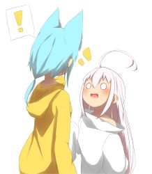 Rule 34 | !, 2girls, :d, afterimage, ahoge, ahoge wag, animal ears, bad id, bad pixiv id, bare shoulders, blue hair, blush, commentary request, expressive hair, fang, hair between eyes, hand up, highres, hood, hood down, hoodie, idaten93, long hair, long sleeves, low ponytail, multiple girls, notice lines, o o, off shoulder, open mouth, original, oversized clothes, oversized shirt, ponytail, ruua (idaten93), shirt, simple background, sleeves past fingers, sleeves past wrists, smile, spoken exclamation mark, upper body, very long hair, white background, white hair, white shirt, yellow hoodie