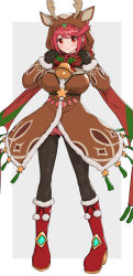 Rule 34 | 1girl, adapted costume, alternate costume, animal ears, antlers, bell, bob cut, breasts, christmas, closed mouth, commentary request, deer antlers, deer ears, earrings, full body, gloves, gonzarez, highres, hood, hooded jacket, horns, jacket, jewelry, large breasts, long sleeves, looking at viewer, neck bell, pantyhose, pantyhose under shorts, pyra (xenoblade), red eyes, red footwear, red hair, scarf, short hair, shorts, smile, solo, standing, tiara, xenoblade chronicles (series), xenoblade chronicles 2