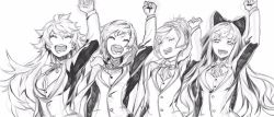 Rule 34 | 4girls, blake belladonna, cheering, commentary request, closed eyes, fist pump, greyscale, highres, miwa shirow, monochrome, multiple girls, ruby rose, rwby, school uniform, sketch, smile, weiss schnee, yang xiao long