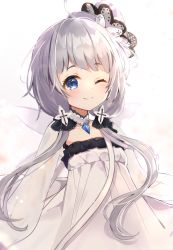 Rule 34 | 1girl, ;), ahoge, azur lane, bad id, bad pixiv id, blue eyes, blush, closed mouth, collarbone, commentary request, dress, illustrious (azur lane), katsushika pachi, little illustrious (azur lane), long hair, long sleeves, low twintails, one eye closed, puffy short sleeves, puffy sleeves, see-through, see-through sleeves, short sleeves, silver hair, smile, solo, tilted headwear, twintails, very long hair, white dress, white headwear