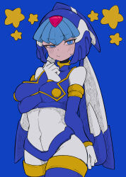 Rule 34 | 1girl, absurdres, android, arm between breasts, between breasts, blue background, blue eyes, blue footwear, blue helmet, boots, breasts, buzzlyears, covered navel, crop top, crotch plate, fairy leviathan (mega man), helmet, highres, looking at viewer, medium breasts, mega man (series), mega man zero (series), ringed eyes, simple background, solo, star (symbol), sweat, thigh boots, upper body