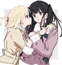 Rule 34 | 2girls, atenaba, black bow, black hair, blonde hair, bow, braid, brown coat, closed mouth, coat, commentary, eye contact, french braid, fur-trimmed coat, fur-trimmed sleeves, fur trim, grey background, hair bow, hair ribbon, hashtag-only commentary, highres, holding hands, inoue takina, long hair, long sleeves, looking at another, lycoris recoil, medium hair, multiple girls, nishikigi chisato, parted lips, pink coat, purple eyes, red eyes, red ribbon, ribbon, smile, upper body, white background, yuri