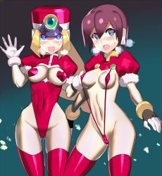 Rule 34 | 2girls, aile (mega man zx), alternate costume, blonde hair, blue eyes, blush, breasts, breath, brown hair, cameltoe, covered navel, gloves, green eyes, hat, heart, heart-shaped pupils, heart pasties, heavy breathing, leotard, long hair, looking at viewer, medium breasts, mega man (series), mega man zx, multicolored clothes, multicolored gloves, multiple girls, navel, open mouth, pasties, prairie (mega man), puffy short sleeves, puffy sleeves, pussy juice, pussy juice drip, robot ears, shako cap, short hair, short sleeves, slingshot swimsuit, small breasts, smile, steam, sweat, swimsuit, symbol-shaped pupils, thighhighs, ukimukai, white gloves, wide hips