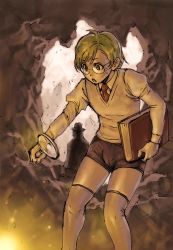 Rule 34 | 1boy, aian, blonde hair, book, cave, child, detective, glasses, magnifying glass, necktie, open mouth, shorts, tagme, yellow eyes