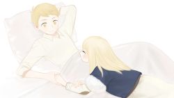 Rule 34 | 1boy, 1girl, ^ ^, aged down, arm behind head, arm up, bed sheet, blonde hair, blush, brother and sister, child, closed eyes, coat, collared shirt, dress, dungeon meshi, falin touden, falin touden (tallman), frs2, fur-trimmed sleeves, fur trim, hand on own arm, happy, highres, holding hands, laios touden, laughing, layered sleeves, long hair, long sleeves, lying, on back, on bed, on stomach, outstretched arm, pillow, profile, shirt, short hair, short over long sleeves, short sleeves, siblings, simple background, sleeves past elbows, smile, stitches, turtleneck, under covers, white background, white dress, white shirt, winter clothes, winter coat, yellow eyes