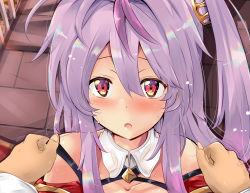 Rule 34 | 1girl, azur lane, blush, collar, collarbone, commentary request, grenville (azur lane), hair between eyes, hand on another&#039;s shoulder, highres, long hair, looking at viewer, multicolored hair, one side up, open mouth, outdoors, pov, pov hands, purple hair, red eyes, sidelocks, solo, sweatdrop, tonchinkan, two-tone hair, white collar