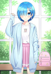 Rule 34 | 1girl, absurdres, alternate costume, backpack, bad id, bad pixiv id, bag, blue cardigan, blue eyes, blue hair, blush, cardigan, closed mouth, commentary, cowboy shot, earrings, hair ornament, hair over one eye, hand up, highres, jewelry, lin ha, long sleeves, looking at viewer, nail polish, open cardigan, open clothes, pink bag, pink nails, pink skirt, pleated skirt, re:zero kara hajimeru isekai seikatsu, rem (re:zero), shirt, shirt tucked in, short hair, skirt, sleeves past wrists, smile, solo, star (symbol), unworn backpack, unworn bag, white shirt, x hair ornament