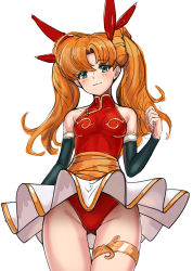 Rule 34 | 1girl, absurdres, aqua eyes, bare shoulders, blush, bow, breasts, closed mouth, commentary request, gold trim, hair bow, highleg, highleg leotard, highres, langrisser, langrisser iii, leotard, long hair, looking at viewer, mhg (hellma), miniskirt, orange hair, pleated skirt, red leotard, simple background, skirt, sleeveless, small breasts, smile, solo, thigh strap, thighs, tiaris (langrisser), turtleneck, twintails, white background