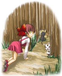 Rule 34 | 1girl, all fours, araki fuu, black cat, bow, calico, cat, dress, fence, gegege no kitarou, grass, hair bow, long sleeves, looking at viewer, looking back, lowres, nekomusume, open mouth, red hair, shoes, short hair, solo, toei animation, yellow eyes
