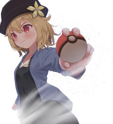 Rule 34 | 1girl, black dress, black hat, blonde hair, blue jacket, blush, breasts, character request, closed mouth, commentary request, creatures (company), dress, eyebrows hidden by hair, flower, foreshortening, game freak, hair between eyes, hat, hat flower, holding, holding poke ball, jacket, mimikaki (men bow), nintendo, open clothes, open jacket, poke ball, poke ball (basic), pokemon, red eyes, shirt, short hair, simple background, small breasts, smile, solo, v-shaped eyebrows, white background, white shirt, yellow flower